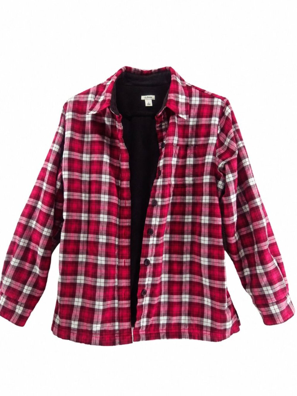 L.L. Bean Flannel Shacket, Cozy Fleece Lined, Pink Burgundy Plaid, Size Small